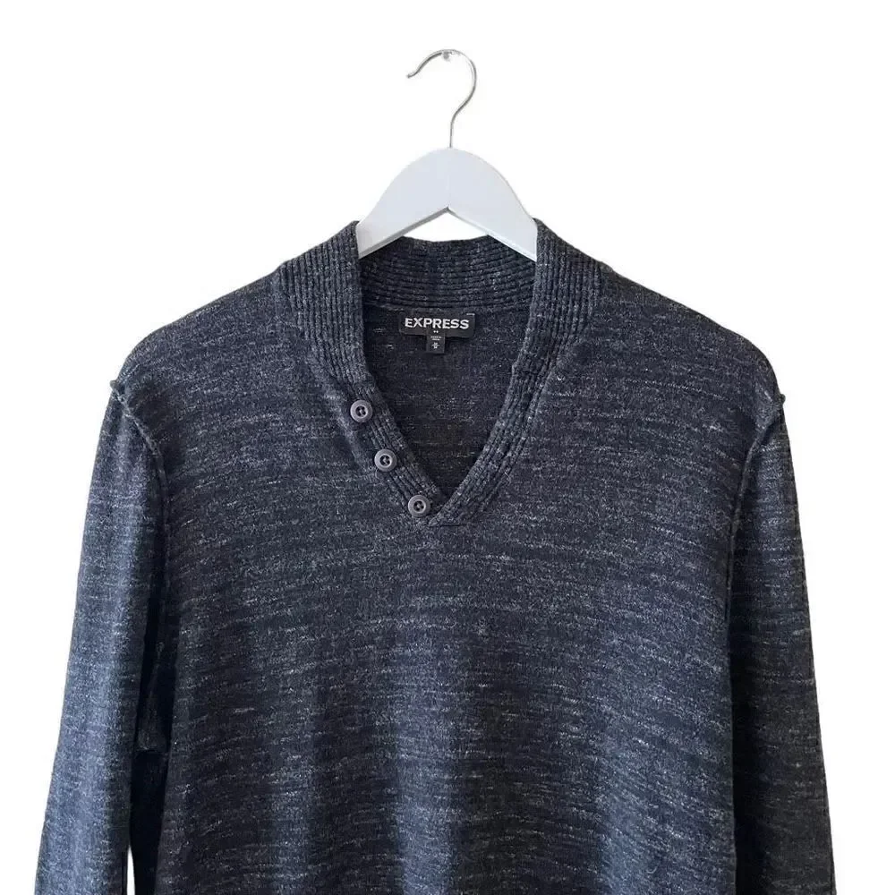Express Heather Navy V Neck Long Sleeves Cotton Wool Blend Men’s SZ M #1526